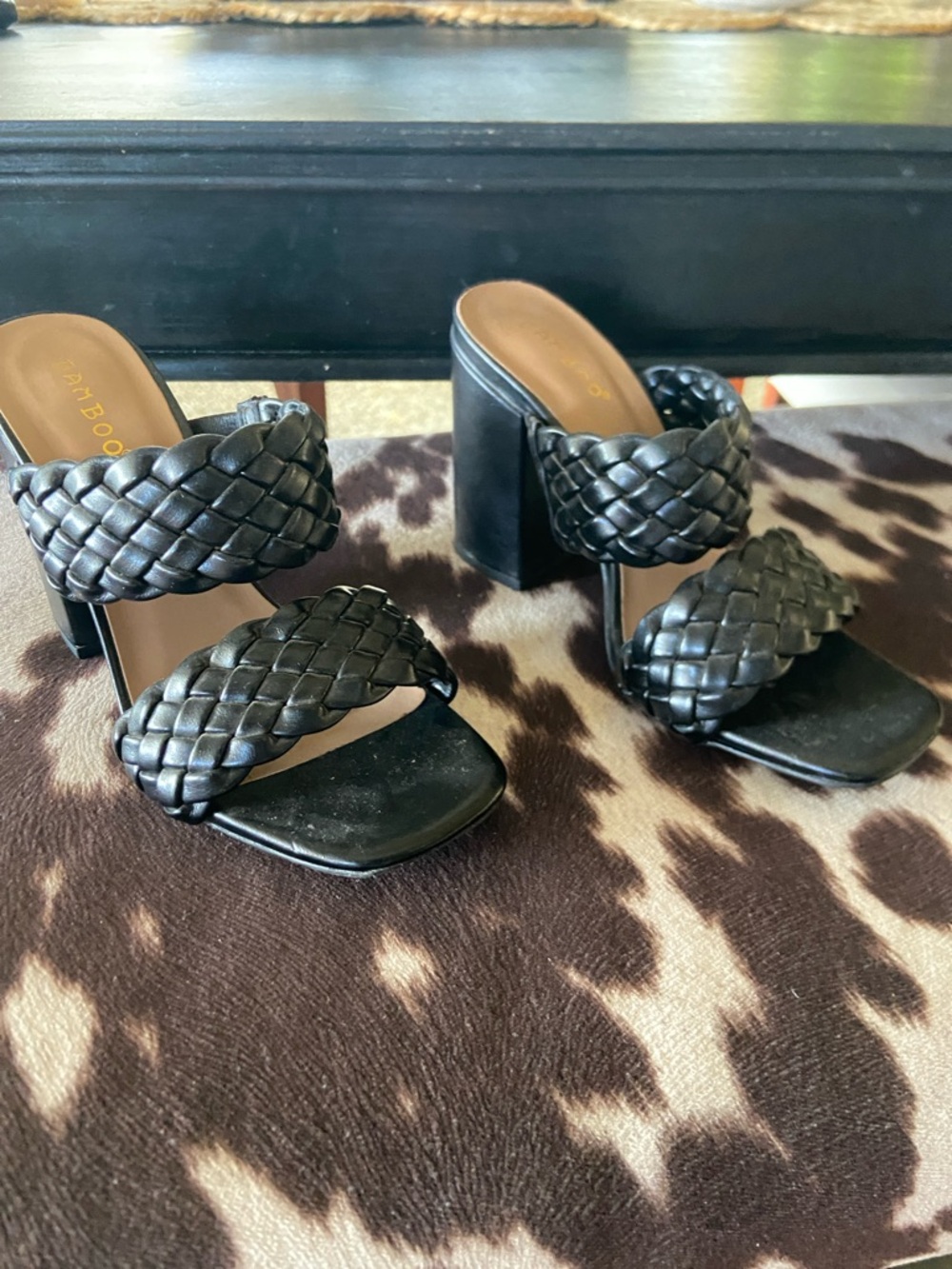 BAMBOO Black Braided Double-Strap Block Heel Sandals like new